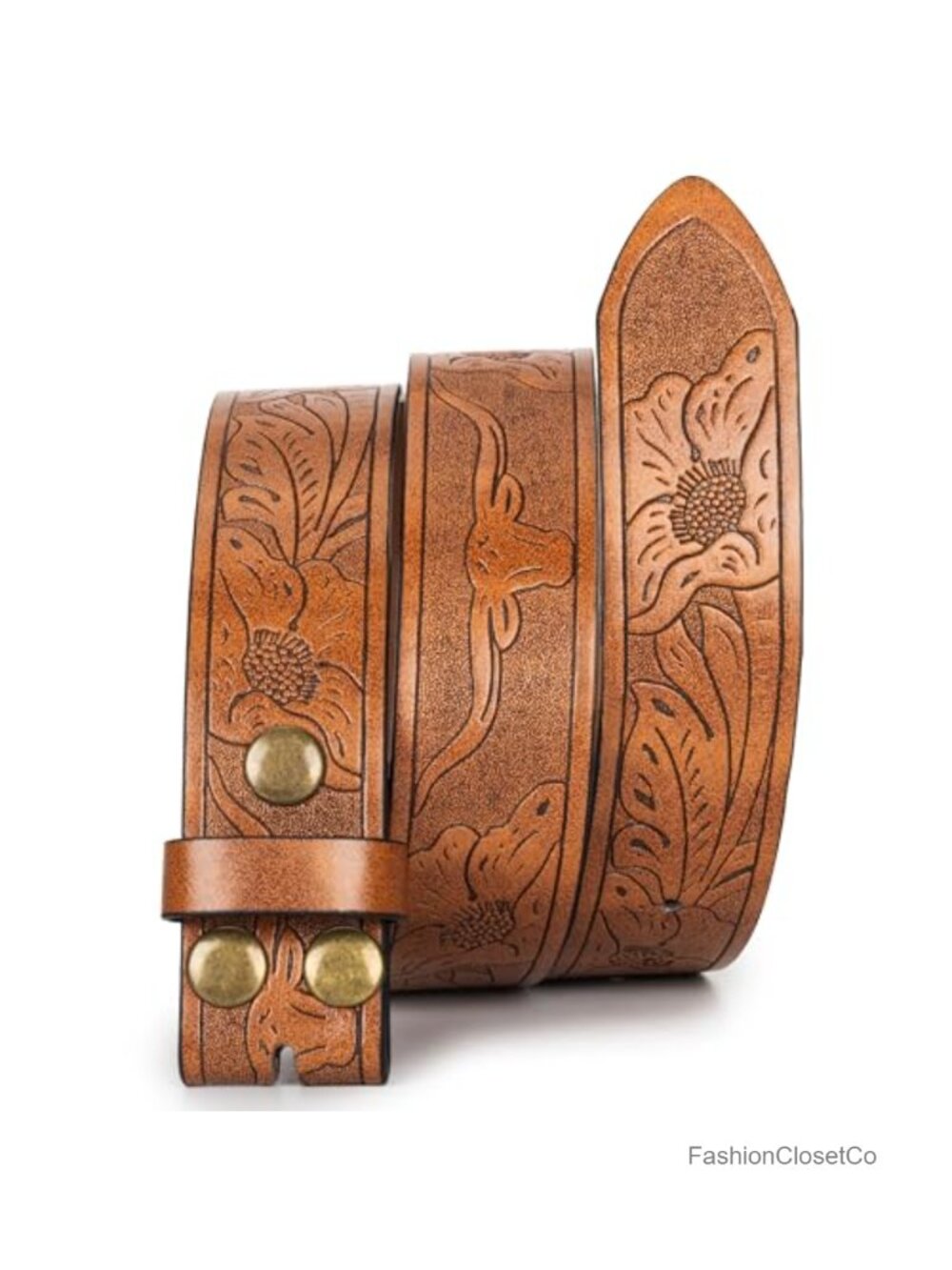 Western PU Leather Belt Floral Engraved Bull Waist Strap No Buckle 39in